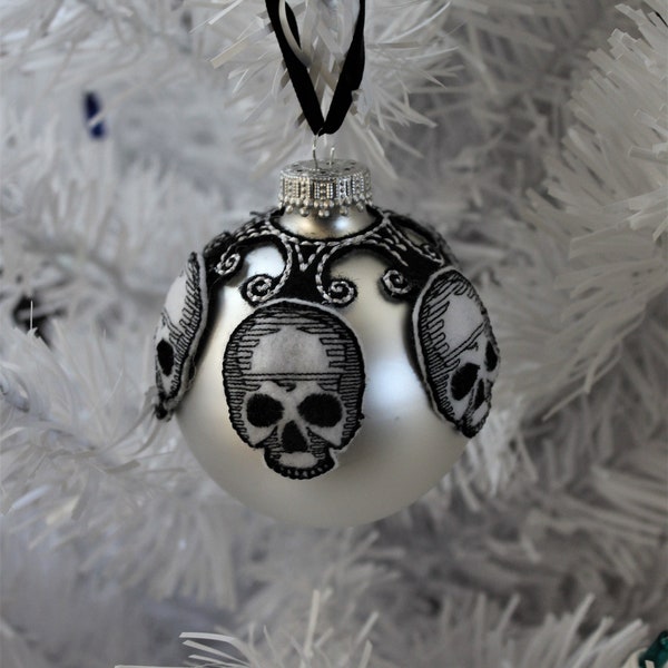 Goth skull Christmas tree ornament 3 inch Sugar skull Halloween Skeleton tree decoration gothic decor, white and black ornament