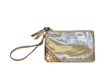 Wristlet Hand Bag- Gold - Small Hangbag - Womens Evening Metallic Clutch - Ladies Travel Pouch - Purse with Gold Strap - Shinny & Bling