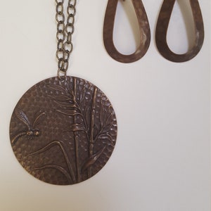 DRAGONFLY BRASS PENDANT and earrings set in antiqued hammered finish