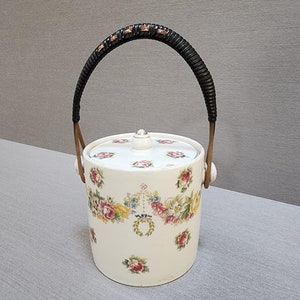 HONEY POT British vintage ceramic with floral pattern and unique wood handle wrapped in wicker