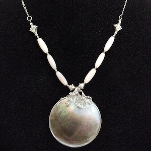 PEARLIZED ABALONE STERLING bezel pendant necklace with unique handwork handmade