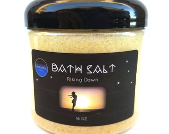 Rising Dawn epsom salt soak, 16 oz jar, sweet lemon orange scented, detoxifying spa for sore muscles and relaxation