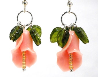 Pink Lily Earrings | Lily and Leaves Beaded Earrings | Pink and Green Floral Earrings | Stone and Glass Bead Earrings | Nature Earrings