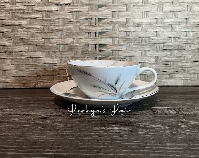 You've Been Poisoned Tea Cup & Saucer Set Silver Grey Wheatgrass Flowers Skulls Gothic Horror Insult Vintage