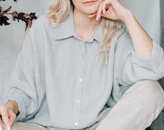 Linen shirt women, Linen button down shirt, Grey linen button blouse, Linen summer top, Collared long sleeve shirt, Linen summer shirt