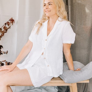 Linen pajamas set, Linen sleepwear women, Short linen sleepwear set, Short summer PJs with button up top, Organic linen loungewear set