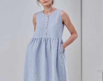 Sleeveless linen dress, Blue linen maternity dress, Button up dress, Linen smock dress with pockets, Women's summer dress, Soft linen dress