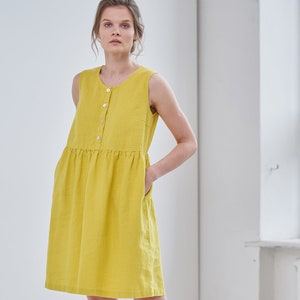 Sleeveless linen dress, Yellow linen maternity dress, Button up dress, Linen smock dress with pockets, Womens summer dress, Soft linen dress