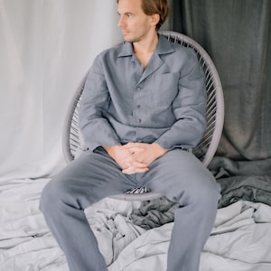 Linen men&#39;s pajamas set, Linen sleepwear men, Gift for him, Long linen sleepwear set, Long PJs with button up top, Organic linen loungewear