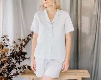 Linen pajamas set, Linen sleepwear women, Short linen sleepwear set, Short summer PJs with button up top, Organic linen loungewear set