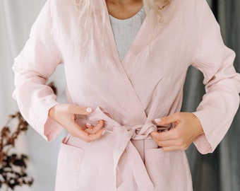 Linen robe, Linen bath robe women, Gift for her, Soft and light linen bathrobe, Organic linen robe with pockets, Long sleeve bath robe linen