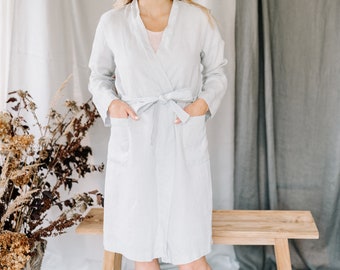 Linen robe, Linen bath robe women, Gift for her, Soft and light linen bathrobe, Organic linen robe with pockets, Long sleeve bath robe linen