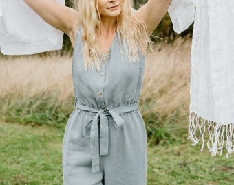 Sleeveless LINEN jumpsuit, Linen button jumpsuit with pockets, Culottes linen jumpsuit , Linen jumpsuit with belt, Wide leg linen jumpsuit