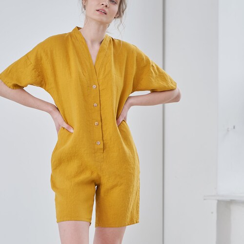 Linen Jumpsuit Linen Button Playsuit With Pockets Linen Etsy