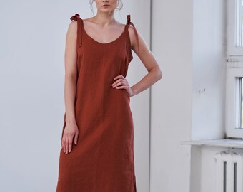 Linen tie dress, Linen slip dress, Linen maxi dress, Linen strappy midi dress, Dress with ties, Linen pocket midi dress, Linen beach dress