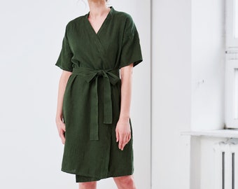 Linen wrap dress, Green robe dress, Linen kimono sleeve dress, Washed linen dress, Womens summer dress, Japanese style wrap dres, Organic