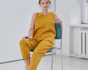 Linen cross back jumpsuit, Sleeveless linen jumpsuit, Yellow linen jumpsuit with pockets, Loose fit overall, Front pocket jumpsuit