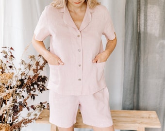 Linen pajamas set, Linen sleepwear women, Short linen sleepwear set, Short summer PJs with button up top, Organic linen loungewear set