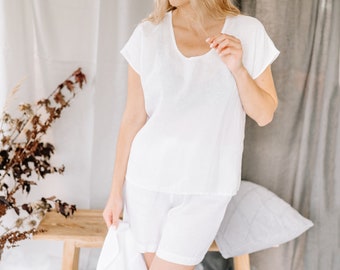 Linen pajamas set, Linen sleepwear women, Short linen sleepwear set, Short summer PJs with short sleeve top, Organic linen loungewear set