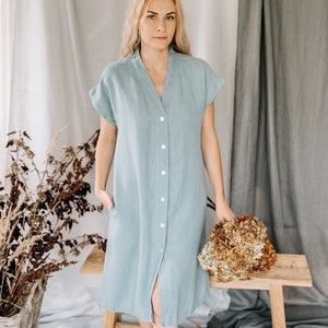 Linen shirt dress, Long linen shirt, Oversized short sleeve dress women, Women summer dress, Button dress with pockets,Linen tunic with belt