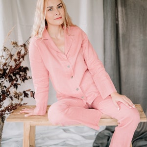 Linen pajamas set, Linen sleepwear women, Long linen sleepwear set, Winter PJs with button up shirt, Organic linen loungewear set