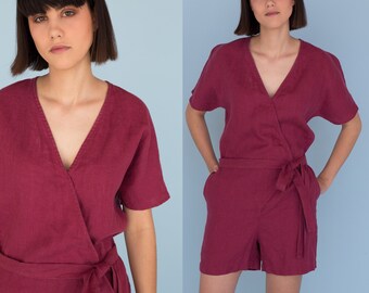 Wrap linen jumpsuit, Washed linen playsuit, Loose linen jumpsuit, Short linen romper, Women summer linens, Summer clothing, Overall