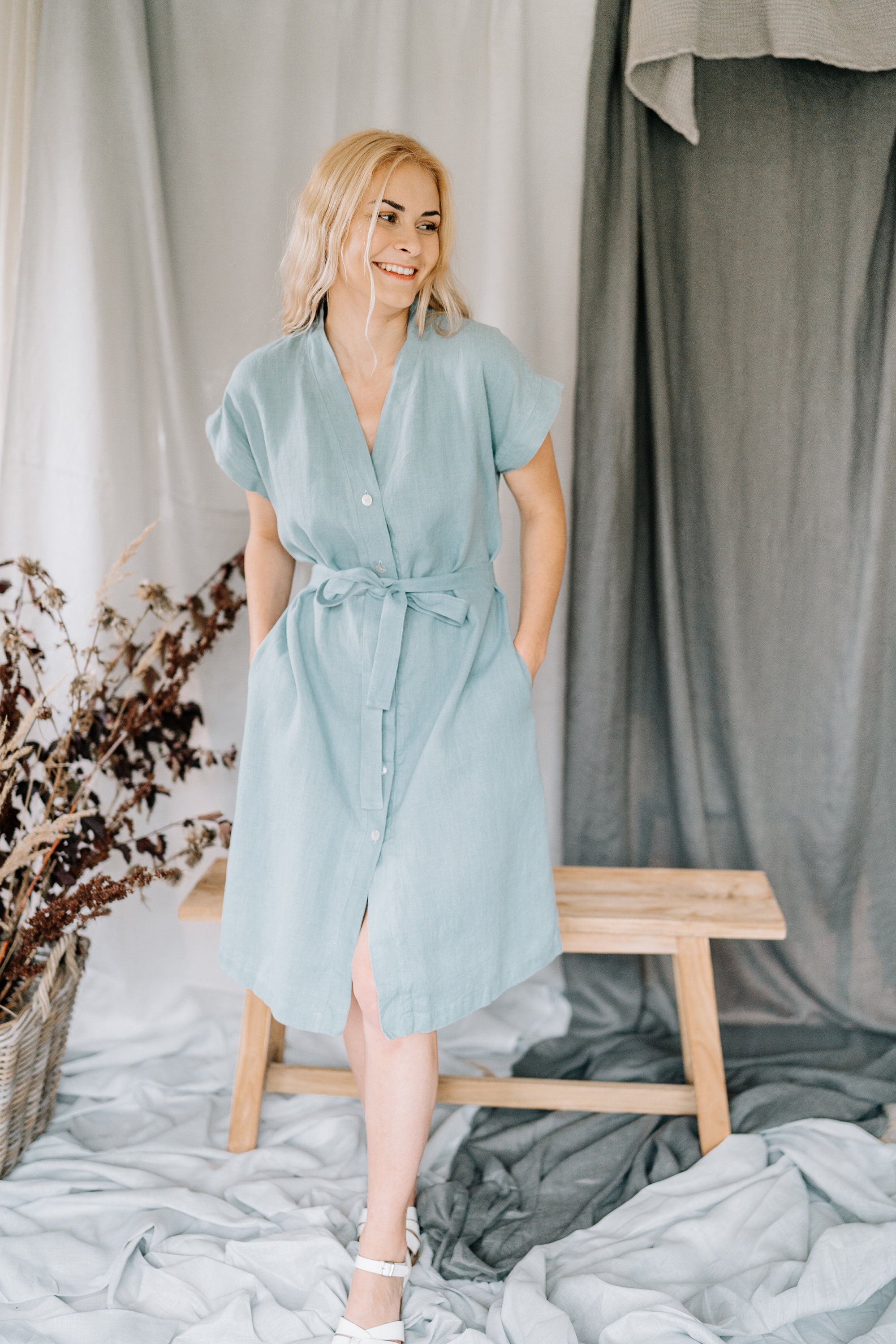 Oversized Linen Shirt Dress with Pockets