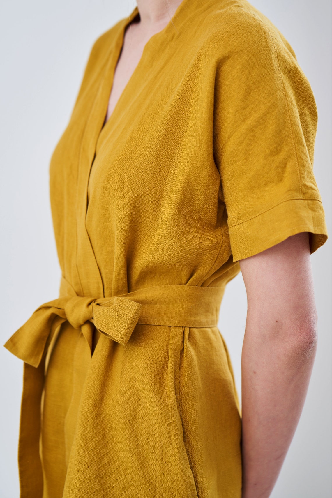 Linen Wrap Dress, Linen Kimono Sleeve Dress, Yellow Robe Dress, Washed