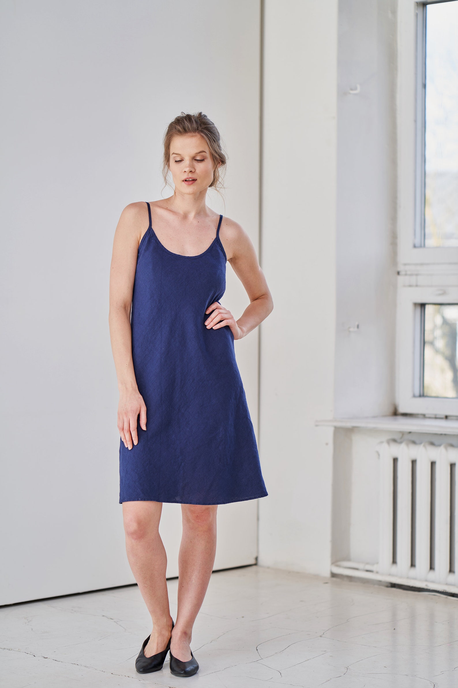 Linen Slip Dress, Linen Strap Dress, Dress With Adjustable Straps, Blue