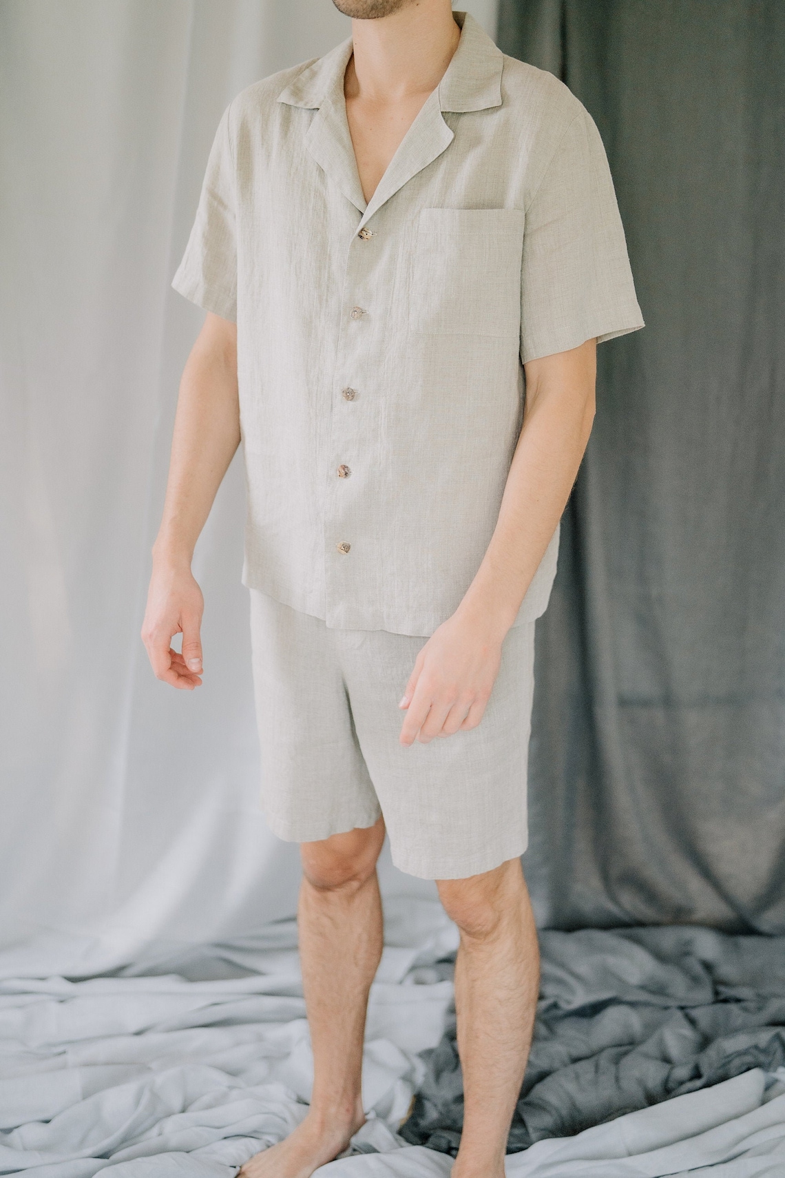Linen Men's Pajamas Set, Linen Sleepwear Men, Short Linen Sleepwear Set, Short Summer Pjs With