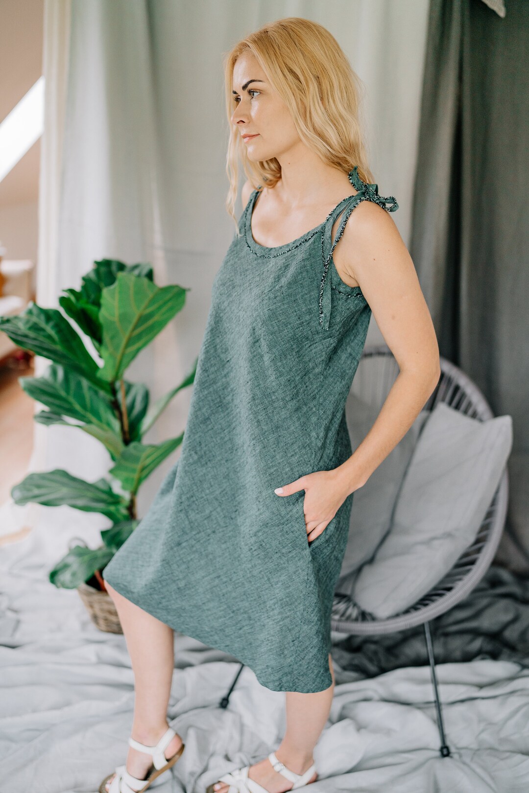 Linen Tie Dress, Bias Cut Linen Slip Dress, Linen Strappy Midi Dress, Dress With Ties ...