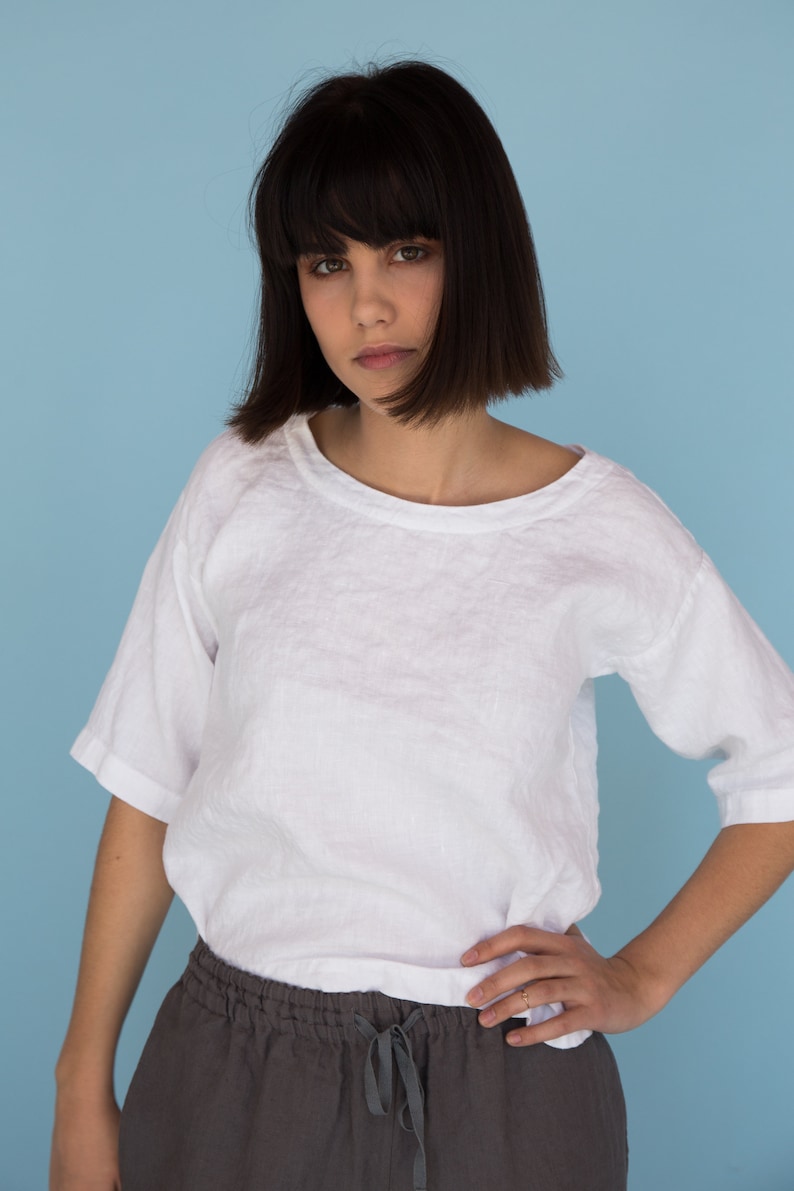 Elbow length women/'s shirt Linen top White summer top Washed linen t shirt Linen t shirt Loose fit blouse Crew neck top for women