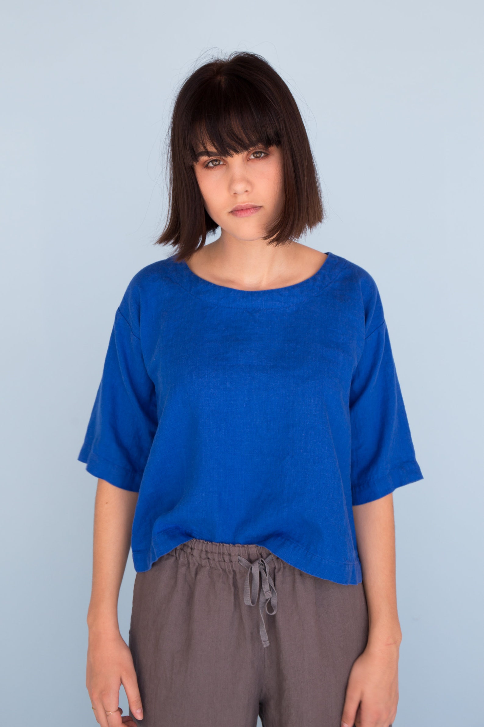 Linen Top, Washed Linen T Shirt, Blue Summer Top, Crew Neck Top for