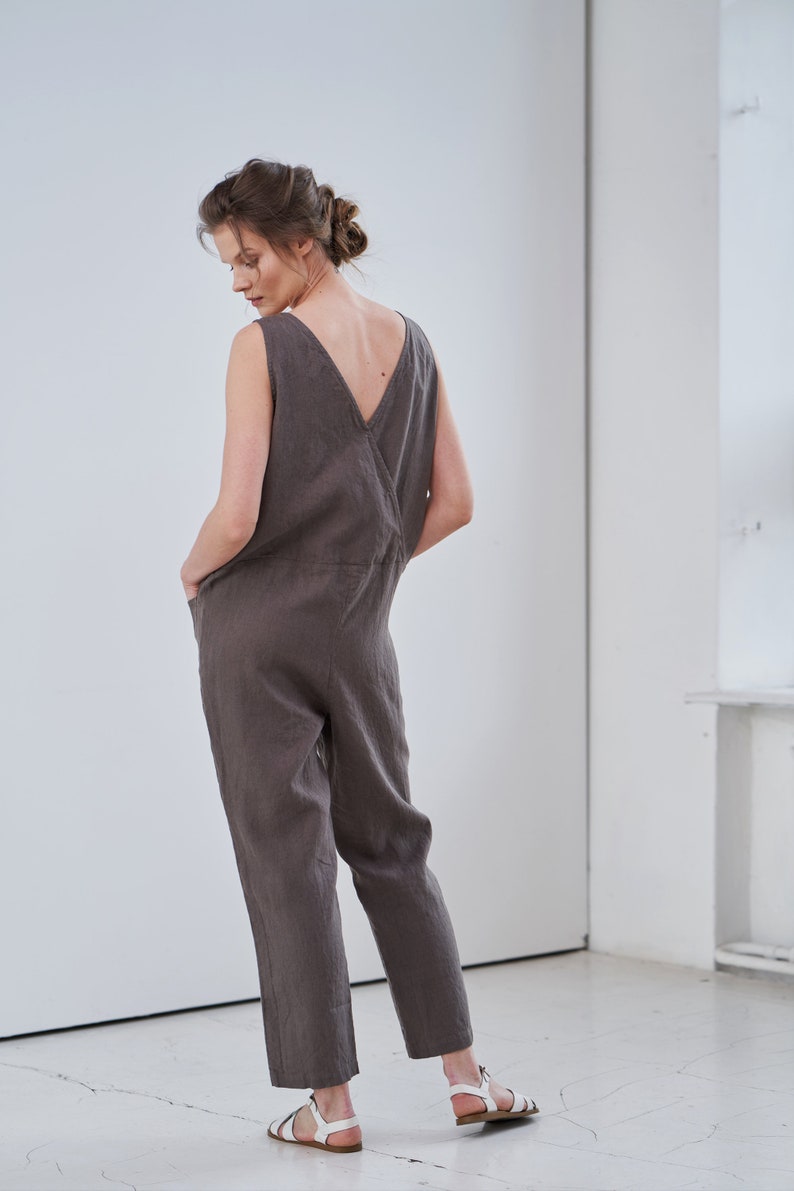 Linen Cross Back Jumpsuit, Sleeveless Linen Jumpsuit, Brown Linen Jumpsuit With Pockets, Loose