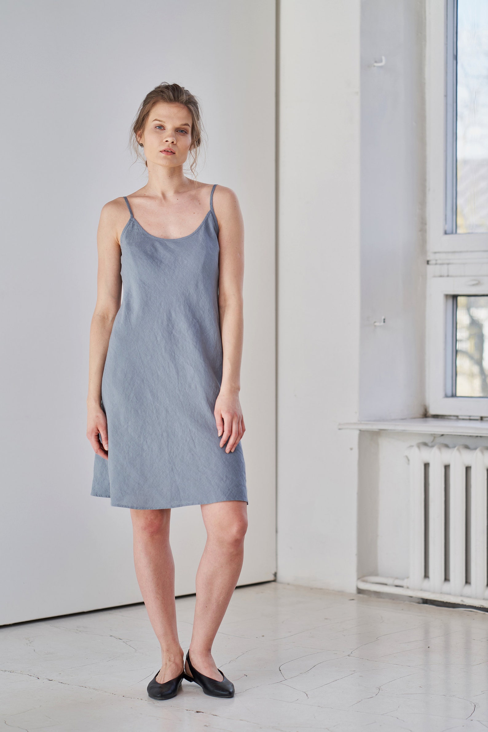 Linen Slip Dress, Linen Strap Dress, Dress With Adjustable Straps, Blue