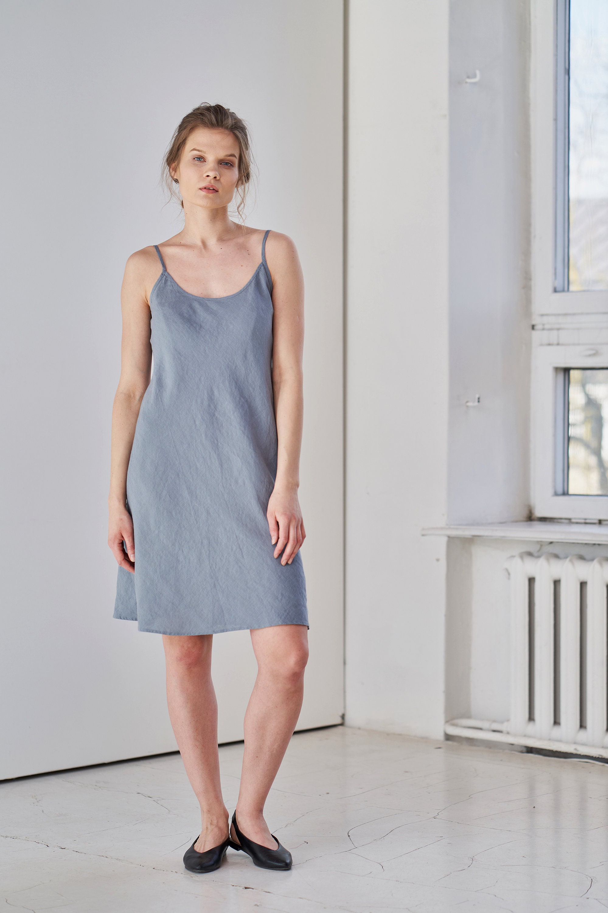Linen Slip Dress, Linen Strap Dress, Dress With Adjustable Straps, Blue — free download