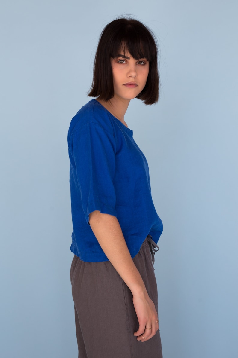 Elbow length women/'s shirt Linen top White summer top Washed linen t shirt Linen t shirt Loose fit blouse Crew neck top for women