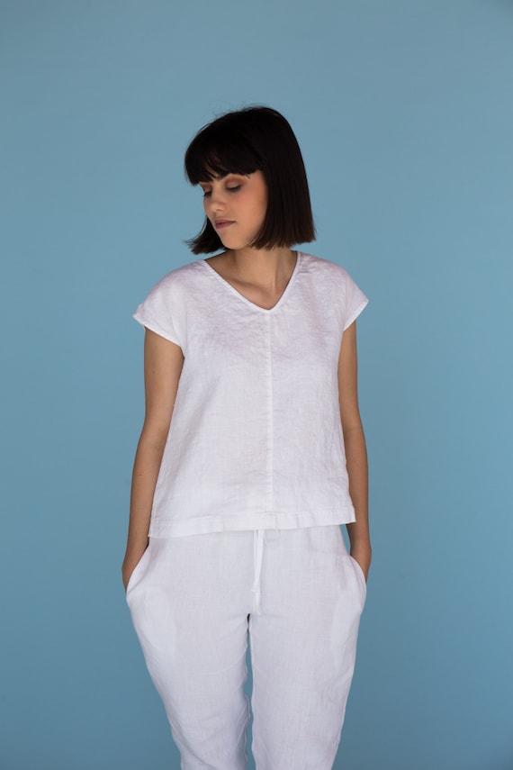 Linen Top Washed Linen T Shirt White 