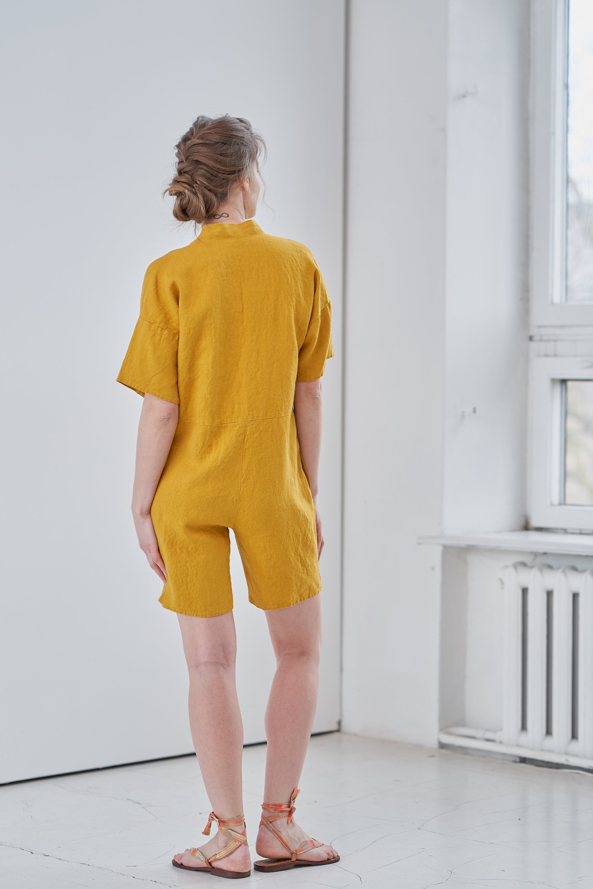 Linen Jumpsuit Linen Button Playsuit With Pockets Linen Etsy