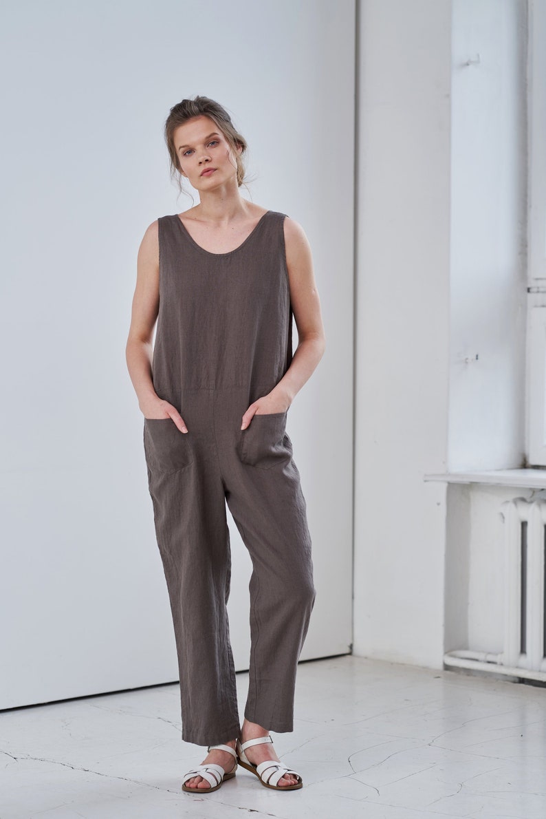 Linen Cross Back Jumpsuit, Sleeveless Linen Jumpsuit, Brown Linen