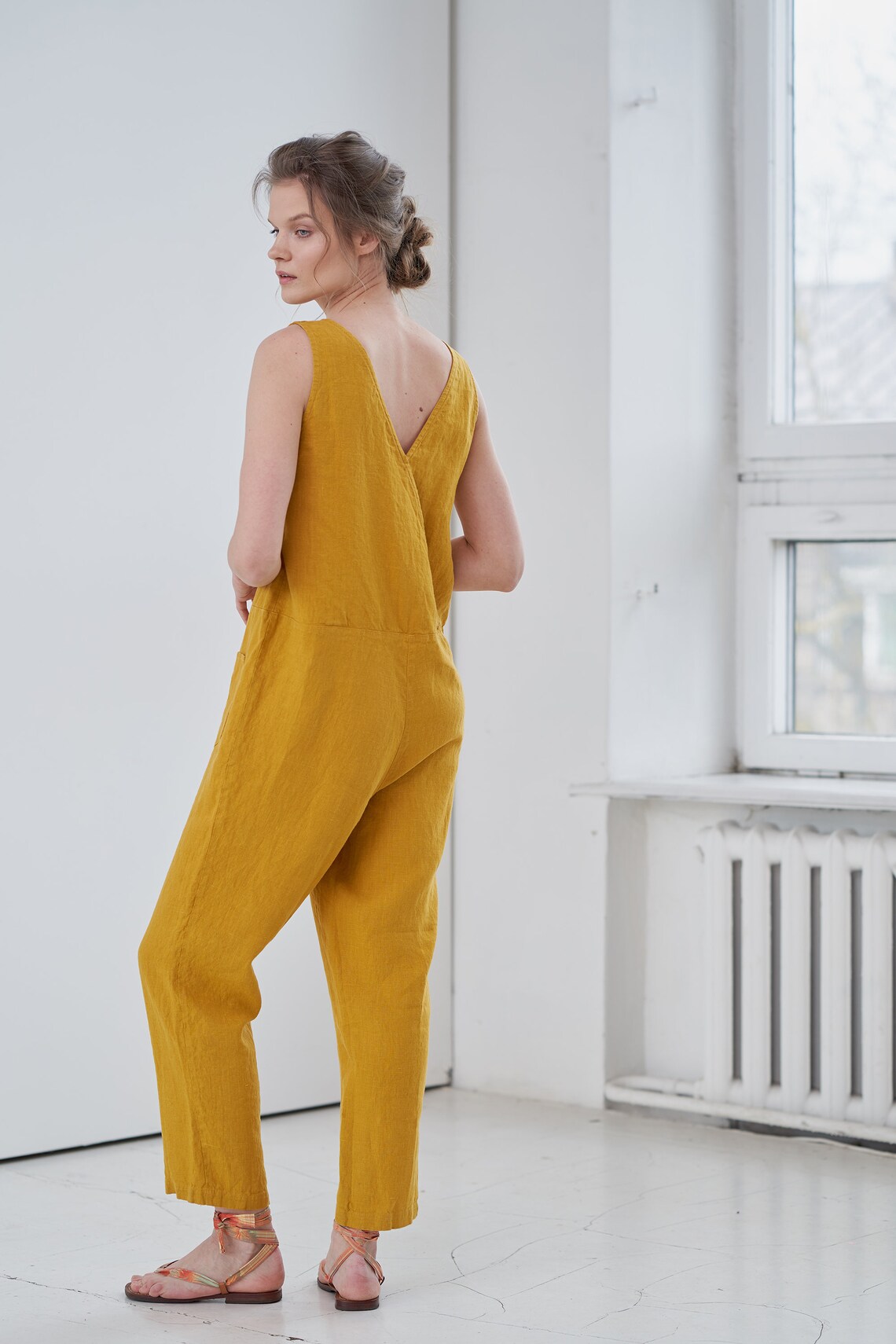 Linen Cross Back Jumpsuit Sleeveless Linen Jumpsuit Yellow Etsy