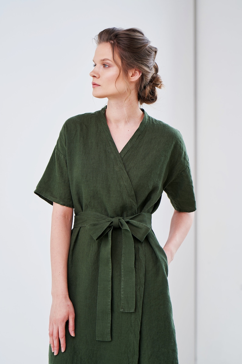 Linen Wrap Dress, Linen Kimono Sleeve Dress, Yellow Robe Dress, Washed