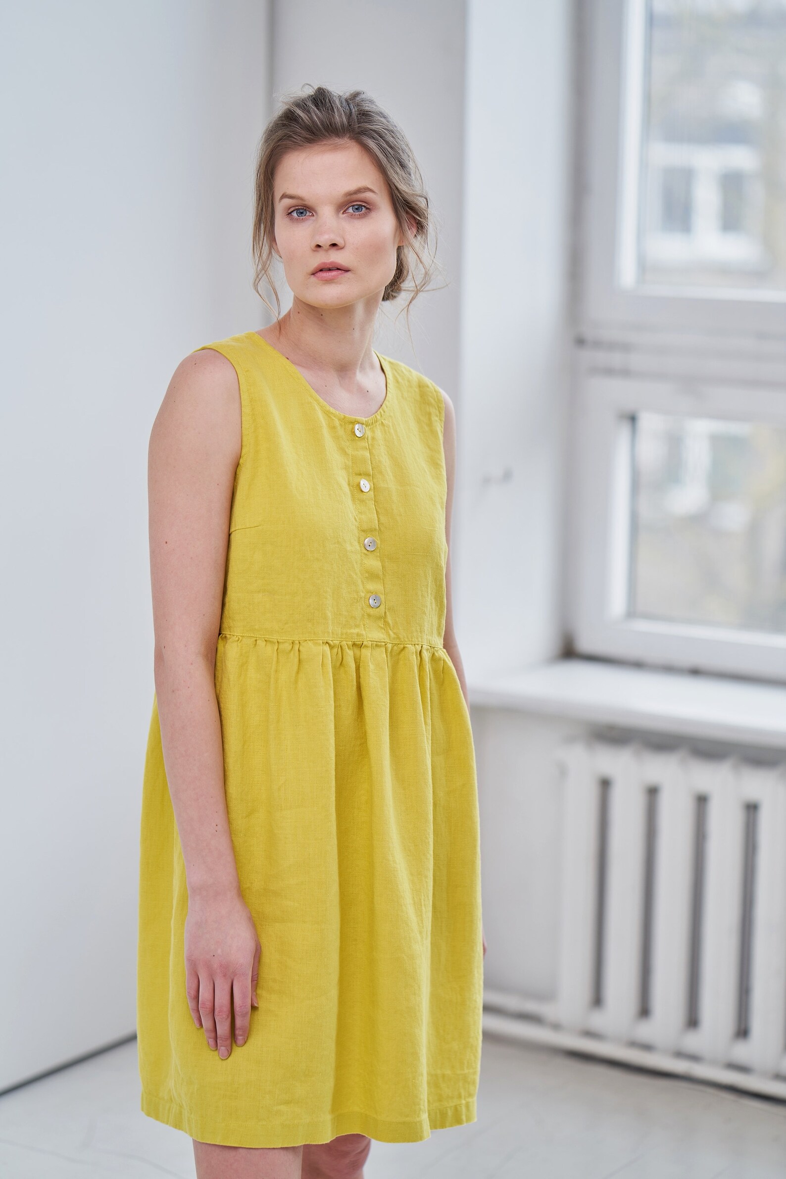 Sleeveless Linen Dress, Yellow Linen Maternity Dress, Button up Dress