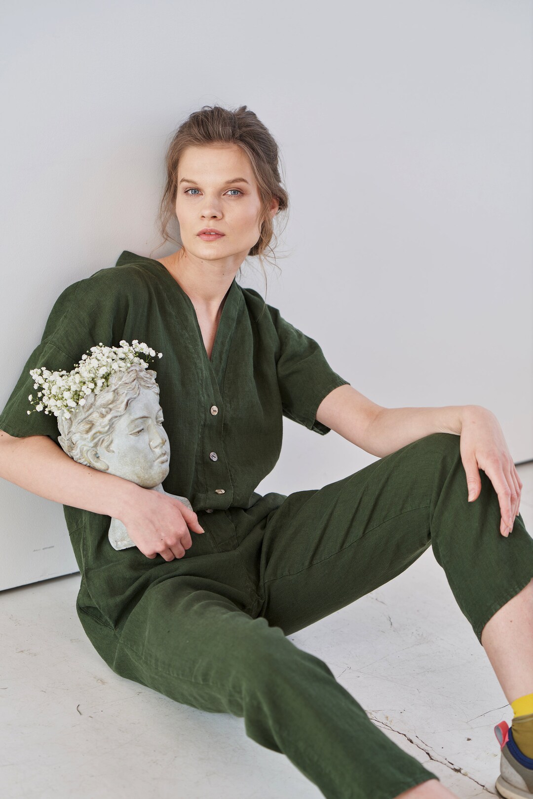 LinoSoft™ – Cotton Linen Long Sleeve Button Jumpsuit (Earthy, Relaxed & Breezy)