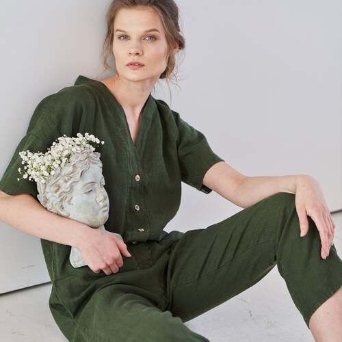 Linen Jumpsuit Linen Button Jumpsuit With Pockets Linen Etsy
