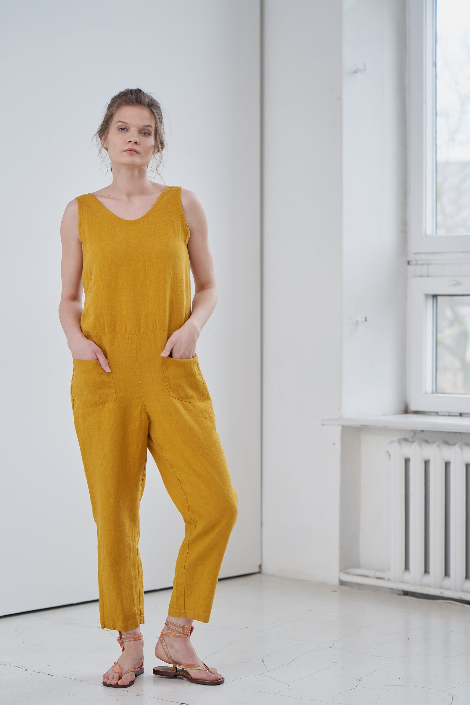 Linen Cross Back Jumpsuit Sleeveless Linen Jumpsuit Yellow Etsy