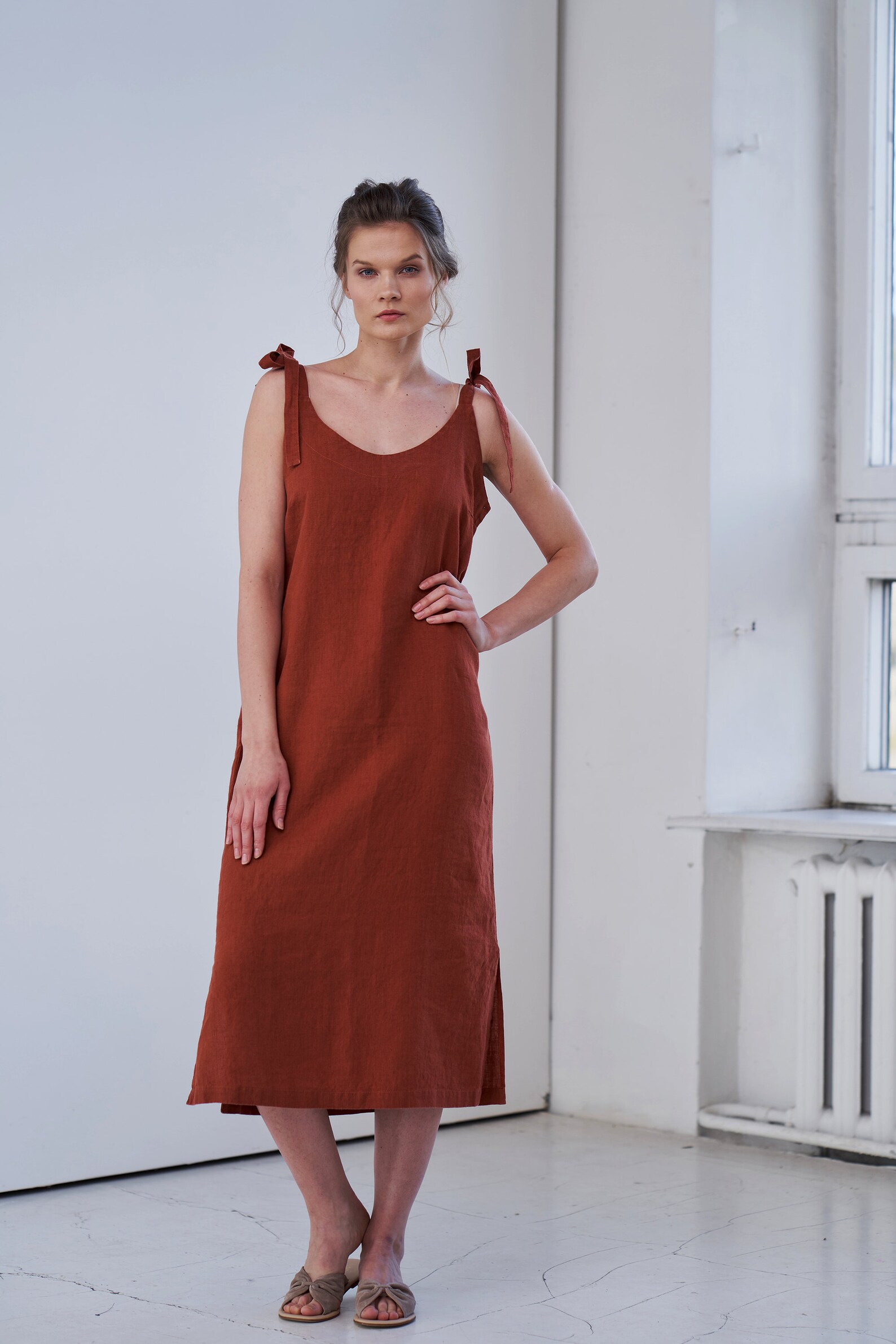 Linen Tie Dress, Linen Slip Dress, Linen Maxi Dress, Linen Strappy Midi