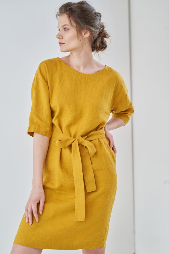 yellow linen shift dress