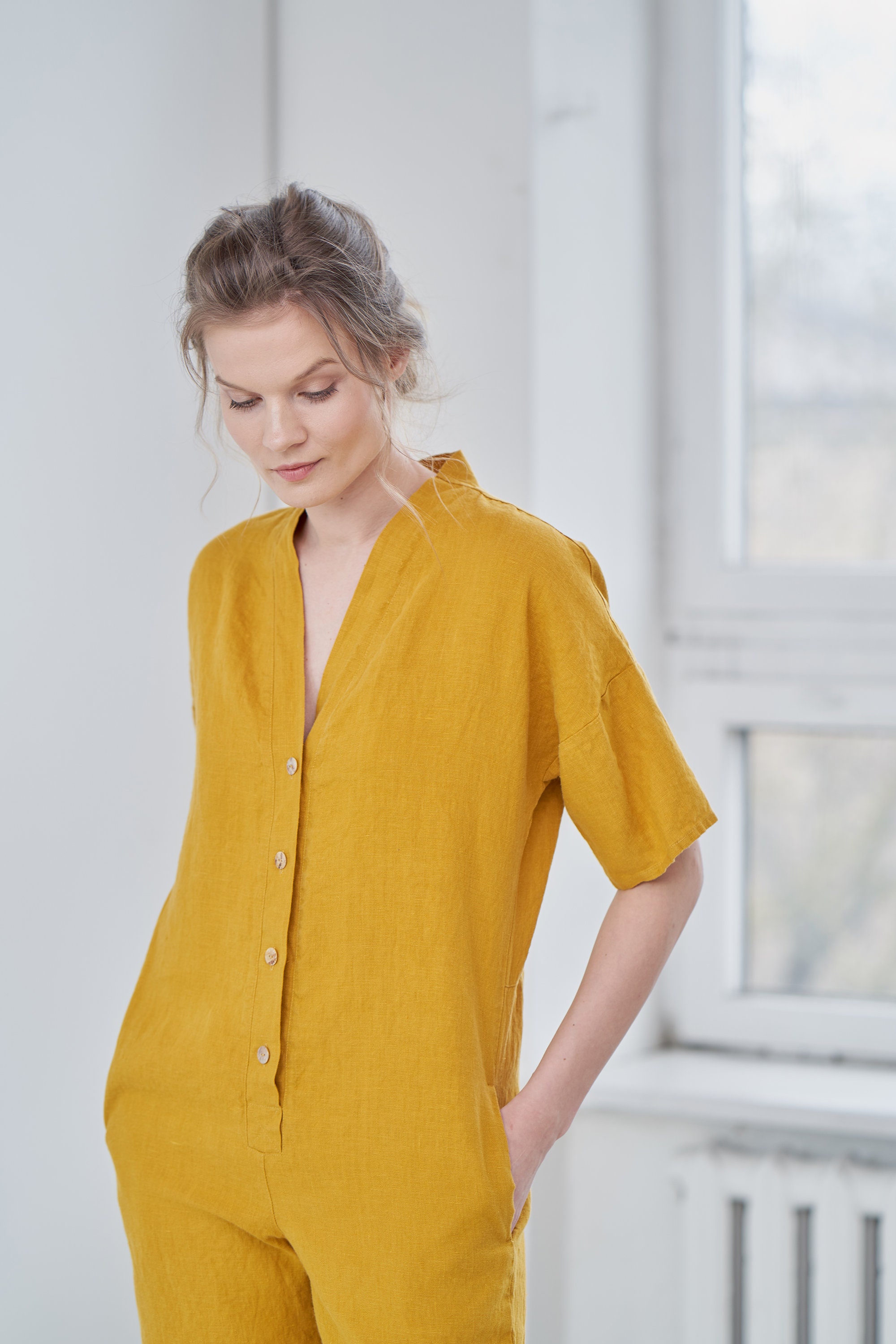 Linen Jumpsuit Linen Button Playsuit With Pockets Linen Etsy