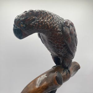 Könnte beinhalten: Eine detaillierte Holzskulptur eines Papageis, der auf einem Ast sitzt. Der Papagei ist braun mit einem dunklen Schnabel und ist mit komplizierten Federdetails geschnitzt. Der Ast ist ebenfalls braun und hat eine glatte, polierte Oberfläche.